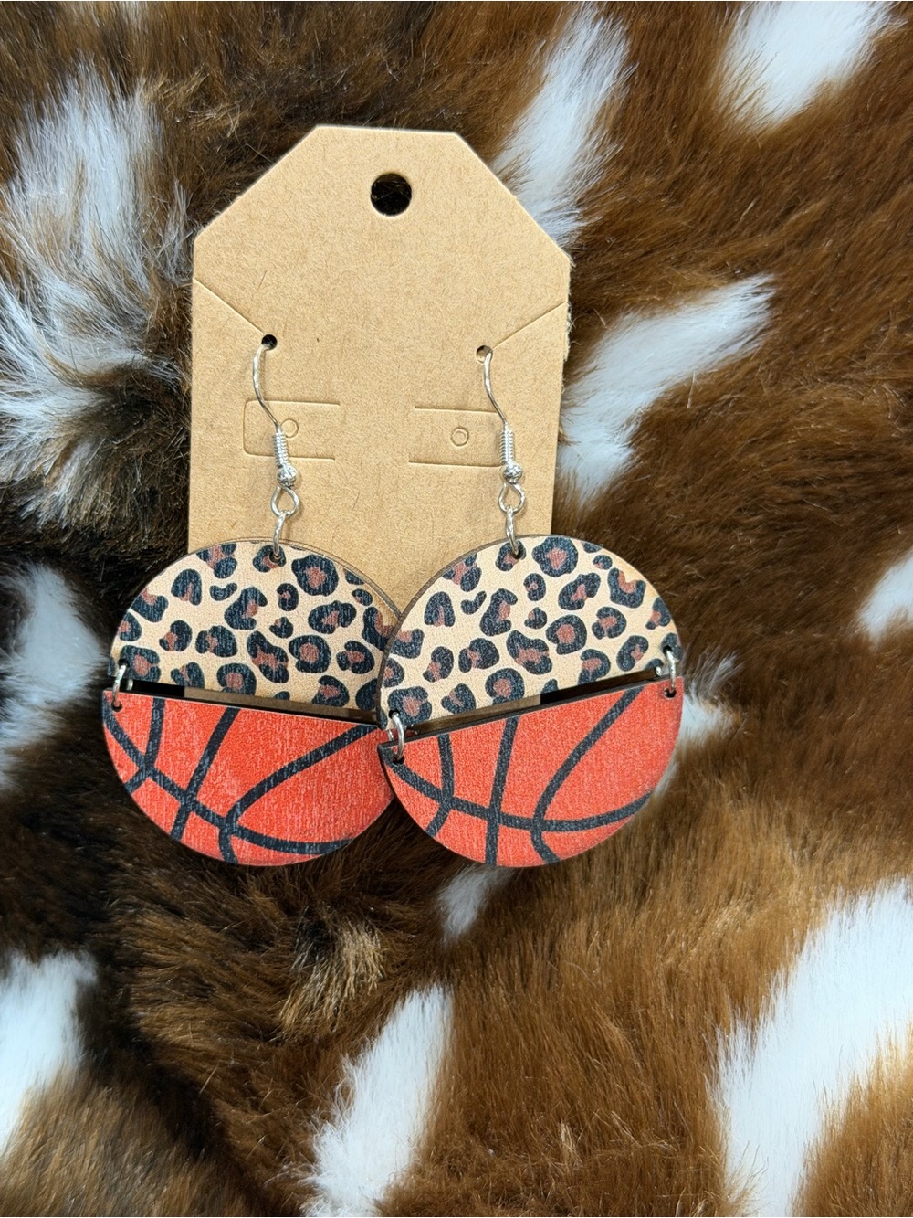 Leopard & Basketball Pattern Round Dangle Earrings - Tan, Orange